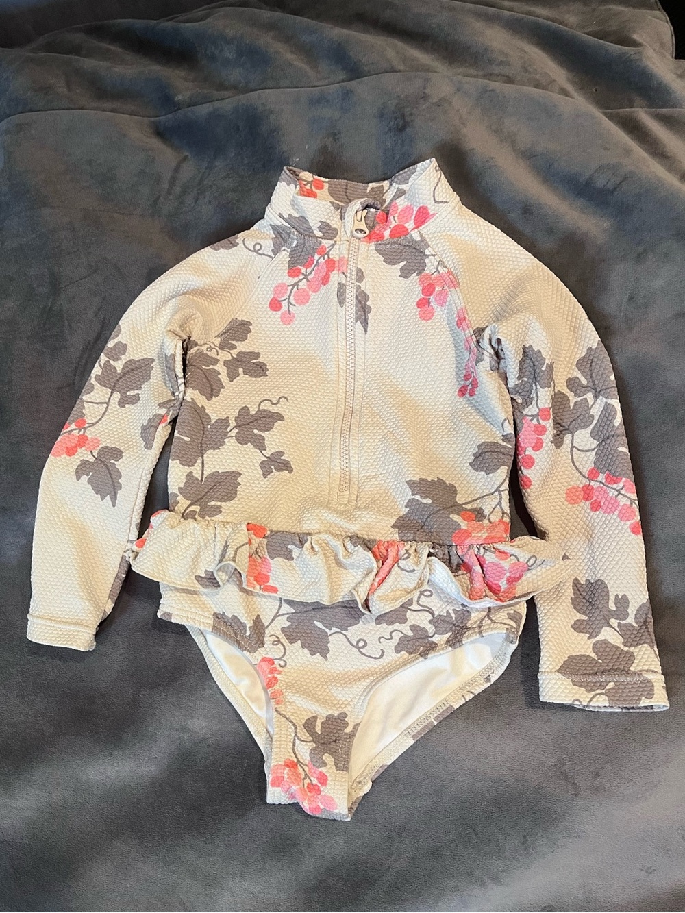 Girls' Long-Sleeve Floral Rashguard in Cream, Pink & Gray